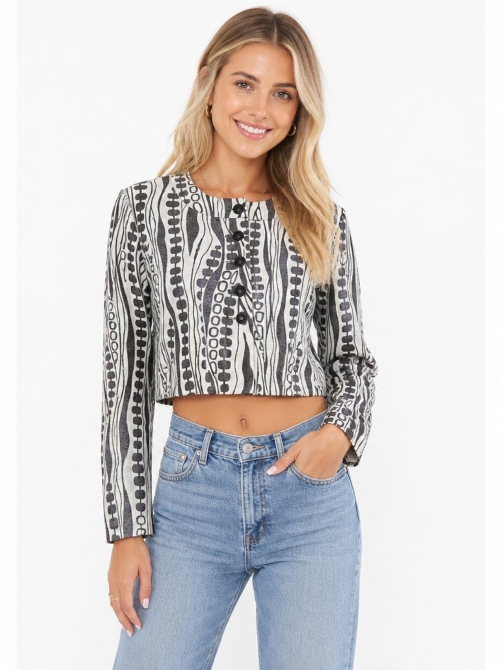 WD.NY Black White Abstract Print Cropped Linen Blend Jacket - Size 14